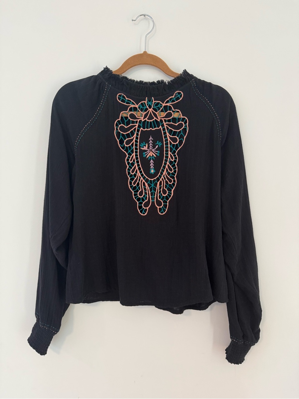 Antik Batik Black Embroidered Bohemian Peasant Blouse - Size XS | 36